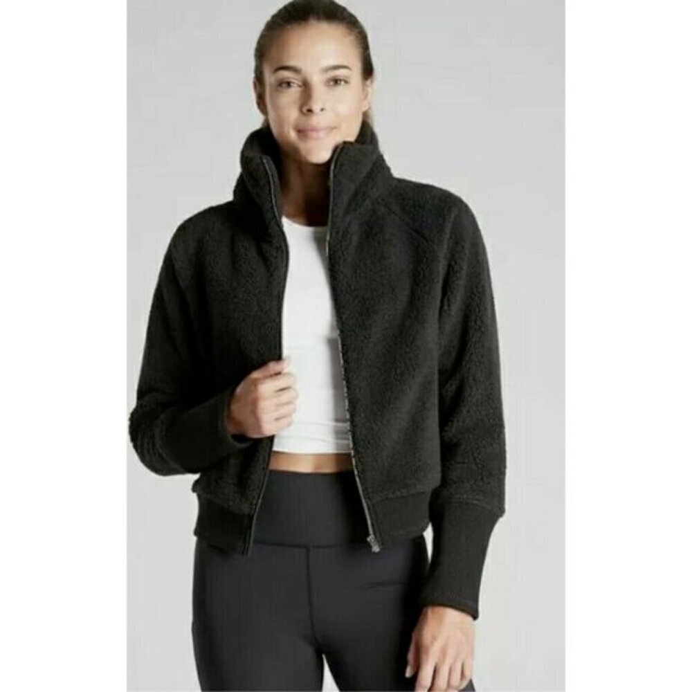 Athleta Tugga Sherpa Fleece Jacket Size 1X Black Bomber Athletic Travel Active